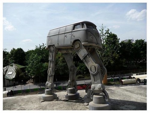 A Volkswagen bus cleverly attached to some ATAT legs might not look like 
